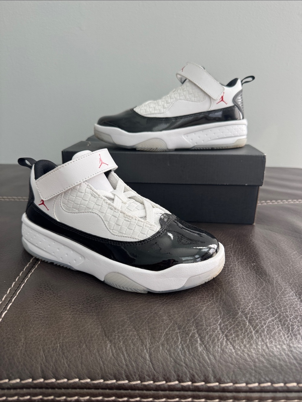 Jordan Kids Black and White Hook-and-Loop Sneakers with Red Jumpman